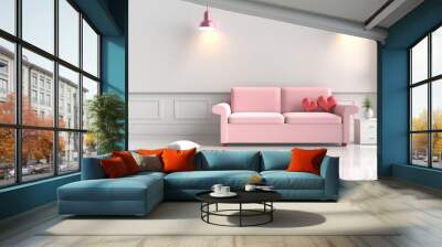 Two red hearts on pink sofa in white living room decor with tree,pillows, pink lamp, Wood bedside table, Window, White wall&floor. Rooms of Love on Valentine`s Day. Background and interior. 3D render. Wall mural